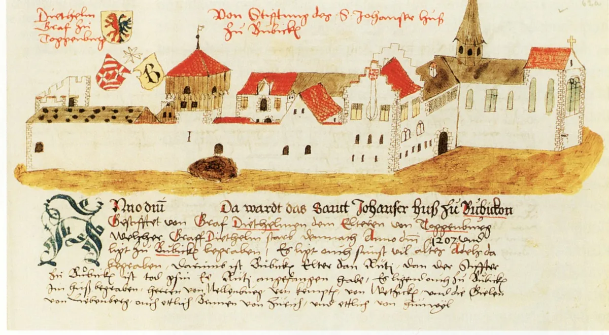 #ffffff#1d1d1dnoneDas Ritterhaus Bubikon, wie es sich um 1530 präsentierte. Die Zeichnung stammt aus der Stumpf-Chronik.
